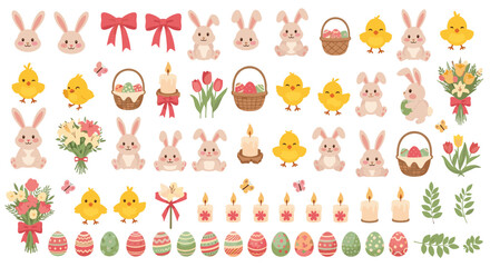 A charming collection of pixel art easter icons featuring bunnies chicks candles and eggs.
