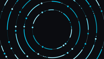 Abstract vector background with concentric circular rings and dots in light and neon blue on black. Futuristic geometric design for tech, crypto, and creative digital projects.