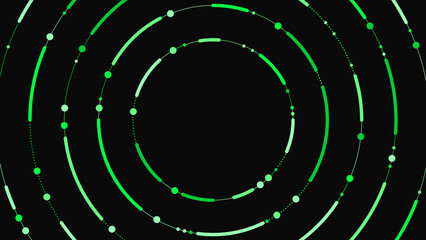 Abstract vector background with concentric rings and dots in neon green on black. Futuristic geometric design for tech, digital, blockchain, and creative projects.