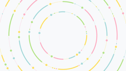 Abstract vector background with concentric rings and pastel dots in pink, yellow, green, and blue on white. Minimal geometric design for modern, creative, and lifestyle projects.