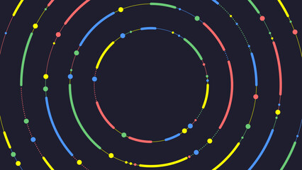Abstract vector background with concentric rings and colorful dots in red, yellow, green, and blue on dark navy. Modern geometric design for digital, tech, and creative projects.