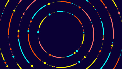 Abstract vector background with colorful neon circles and dotted rings on dark blue. Futuristic digital design perfect for tech, cyber, and creative projects.