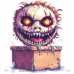 Pixel art haunted jack-in-the-box half open on white background