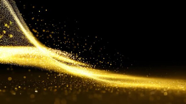 Mesmerizing golden particle stream cascading through dark environment, creating elegant fluid trajectory with vibrant luminescent movement and blurred bokeh texture.