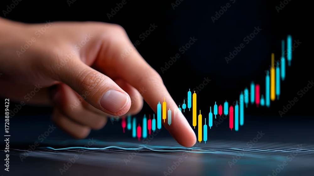 Poster close-up of a hand pointing at a digital display showing a market chart and financial data, indicati