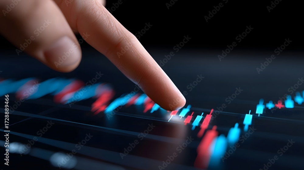 Poster a close-up view of a person's hand interacting with a digital interface displaying market data, fina