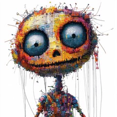 Pixel art puppet with tangled strings on white background