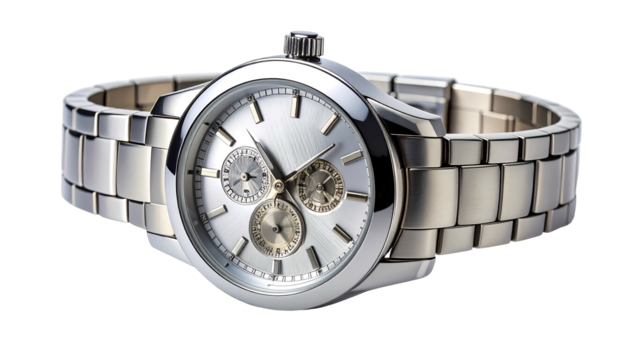 Elegant Silver Wristwatch with White Face and Chronograph Dials on a White Background.