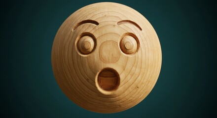 Astonished wooden emoji face carved with expressive surprise, conveying shock and wonder in a dramatic, high-quality close-up studio shot