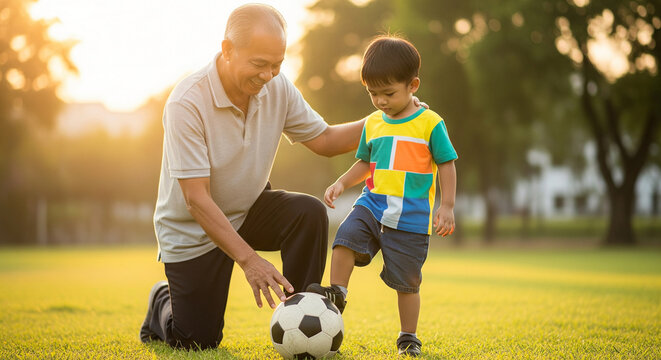 A heartwarming moment of an elderly Asian grandfather teaching his young grandson how to play soccer in a park at sunset - Powered by Adobe