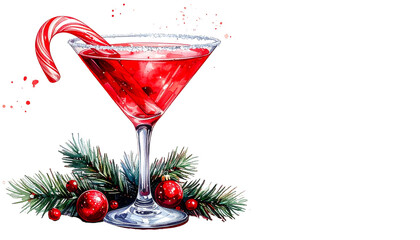 Festive Christmas Cocktail with Candy Cane and Decorations.