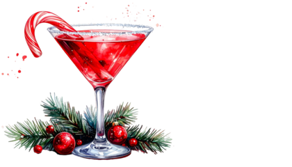 Festive Christmas Cocktail with Candy Cane and Decorations.