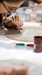 Fototapeta premium In an art studio during an art event, a young girl child is painting a shape she made from clay