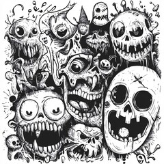 Pixel art scribbled coloring book with scary drawings on white background