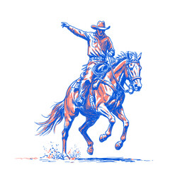 Fototapeta premium Wild West Rodeo Cowboy Illustration. Frontier Cowboy Spirit. Retro Western Rodeo Rider. A vintage illustration of rodeo cowboy. Cowboy action on bronco. Bronco Buster Rodeo Cowboy Action Sketch.