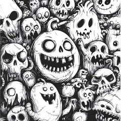 Pixel art scribbled coloring book with scary drawings on white background