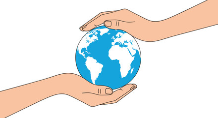 Two hands gently holding a blue globe representing the planet earth in a caring gesture.