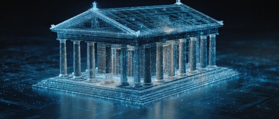 Stunning digital blueprint of a classic building with glowing lines and particles, perfect for finance, law, or architectural concepts.