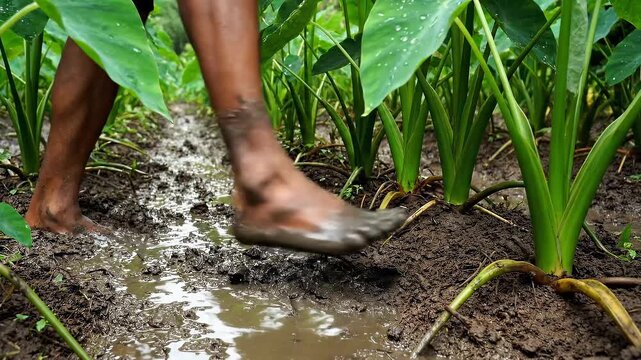 Barefoot farmer walking through muddy taro field