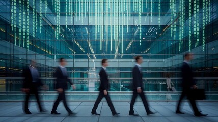 Businessmen walking in a modern office environment with digital binary code overlay.