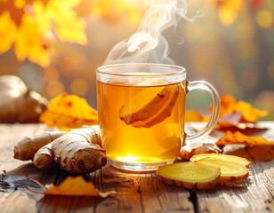 Autumnal ginger tea in a sunny garden