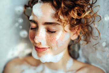Young woman with freckles enjoying a foamy facial cleansing treatment with eyes closed. A calm skincare moment highlighting natural beauty and self-care relaxation.