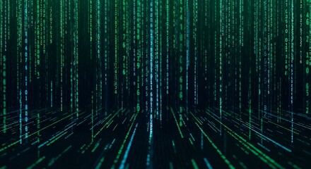 Cascading Code Digital Rain A Cyberpunk Aesthetic Data Stream Visualization with Binary Numbers in a Dark Teal Color Scheme