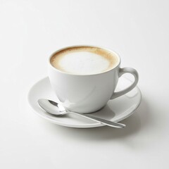 Fototapeta premium Cup of cappuccino with saucer Row of glass jars filled with grains and cereals, neatly stored on kitchen shelf.