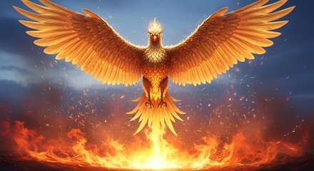 Fototapeta premium Majestic Phoenix Ascending from Flames A Symbol of Rebirth and Renewal in a Dramatic Fiery Sky