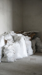 Construction waste in white bags is standing in the apartment