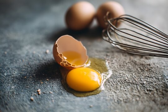 Close-Up of Raw Egg with Runny Yolk and Broken Shell on Kitchen Surface with Metal Whisk Nearby
