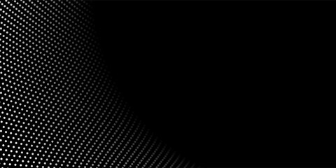 Dark curved wavy halftone pattern in white on the left over black background, creating depth, ideal for modern, minimal, and tech-inspired designs. Modern style visual template with large copyspace.