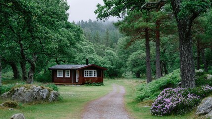 Rustic Wooden Cabin nestled among Verdant Forest with Trail Leading to Structure and Mossy Rocks with Scattered Flowers and Foggy Backdrop