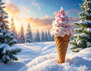 Winter ice cream cone in snowy landscape