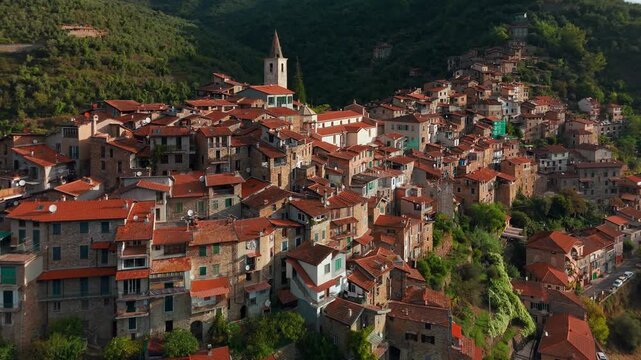 Aerial view of the picturesque hilltop town of Apricale, Liguria, Northern Italy