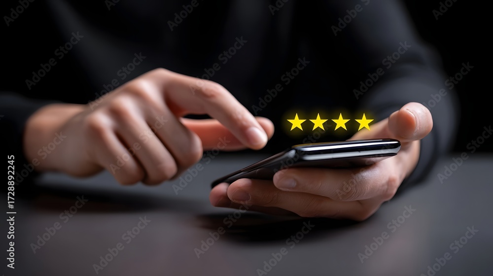 Poster close-up of a person's hands using a smartphone to leave a customer review and rating for a mobile a