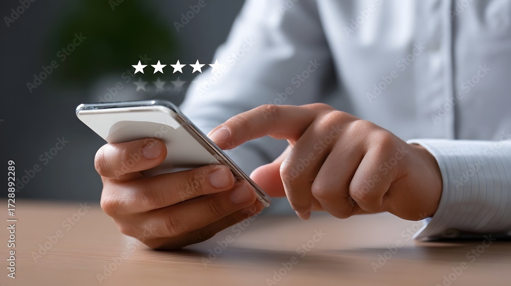 Poster close-up of a businessman's hand holding a smartphone, suggesting the use of mobile technology for w