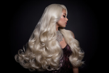 Fototapeta premium Elegant Woman with Long Wavy Platinum Blonde Hair in Glamorous Evening Portrait