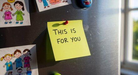 Sticky note saying 'This is for you' on refrigerator door