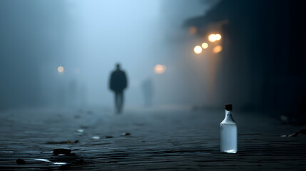 Silent figure walking on foggy street with a glass bottle in foreground  