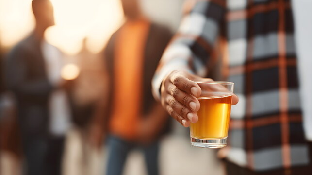 Man holding a glass of beer while socializing outdoors at sunset  