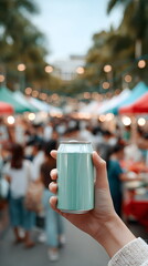 Hand holding teal beverage mock up can at outdoor market festival  