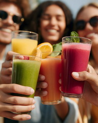 Group of friends toasting with colorful smoothies in summer sunlight  
