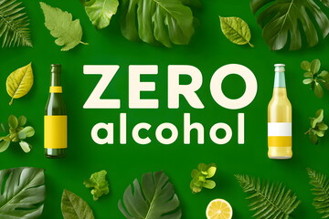 Zero alcohol beverage bottles surrounded by green leaves and fruits  