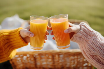 Two hands clinking glasses of orange juice in sunny outdoor setting, no alcohol concept  