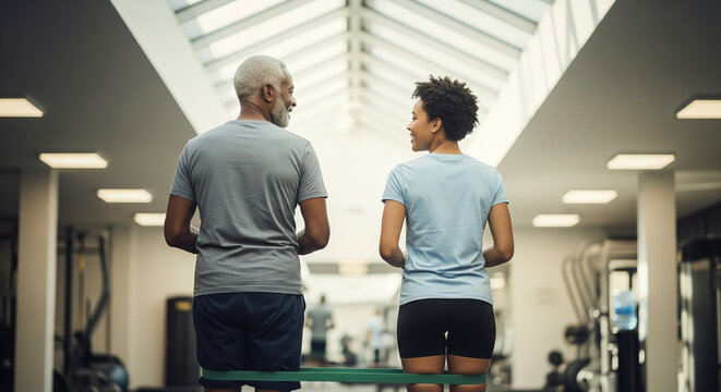 Rear view of a senior man and a female trainer using a resistance band during a workout session at the gym for healthy aging