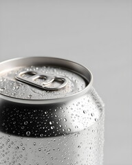 Metal beverage can with condensation droplets on a gray background, product design banner
