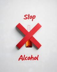 Stop alcohol campaign poster with red prohibition symbol, design banner