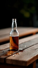 Beer bottle with spilled liquid on wooden table surface  