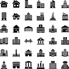 Collection of diverse building icons representing various architectural styles